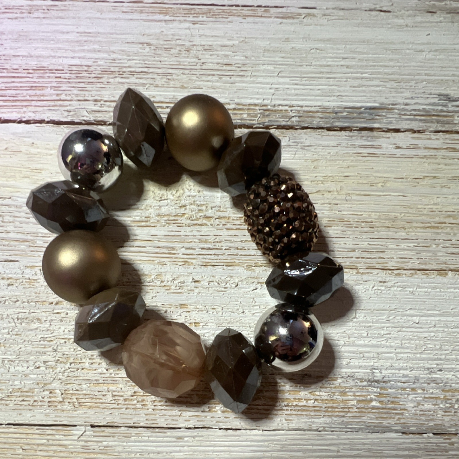 Brown Gold Silver Tone Round Beaded Stretch Bracelet, No Clasp
