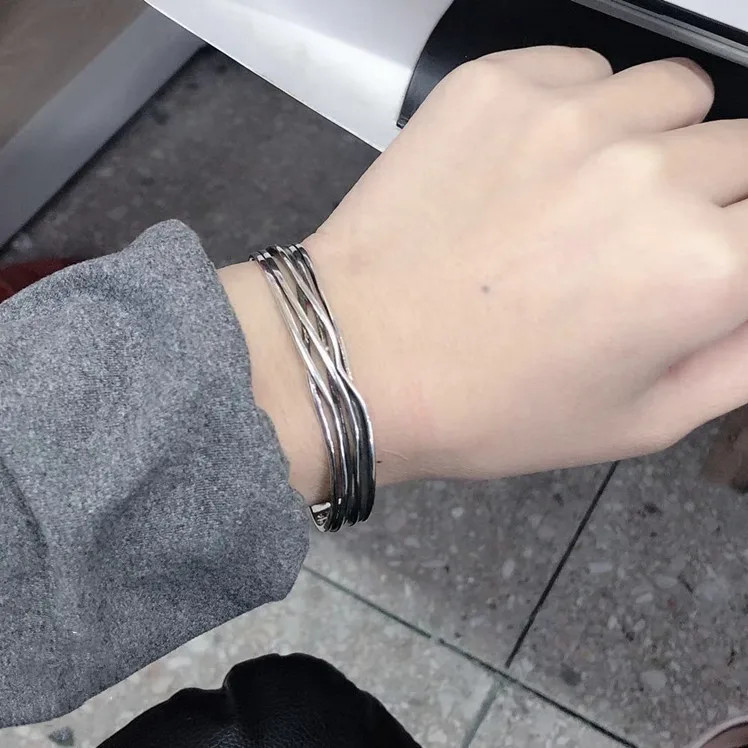 Retro Wave Bracelet 925 Sterling Silver Braided Bangle Geometric Opening Cuff
