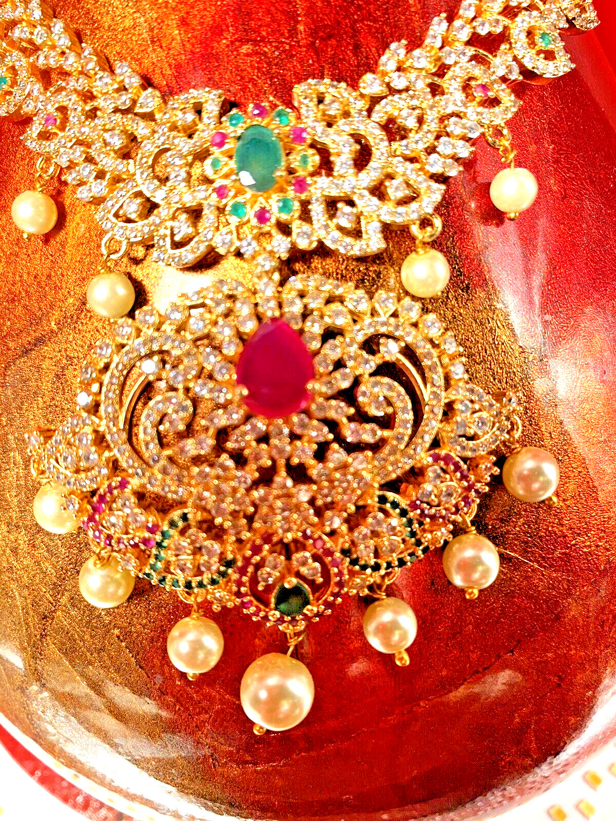 Indian Formal Temple Necklace Traditional Red Green Jewels Bollywood “Maya”