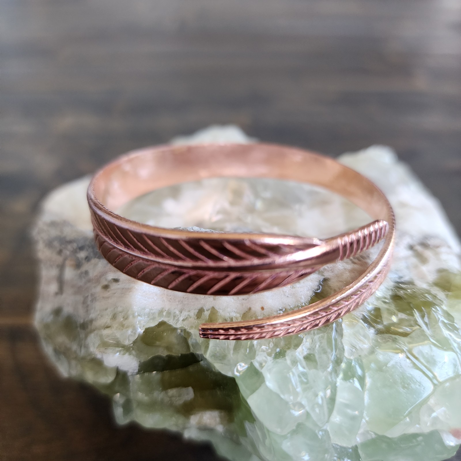 Pure Copper Feather Bracelet Bangle Adjustable 10 mm Wide 20g Open Cuff
