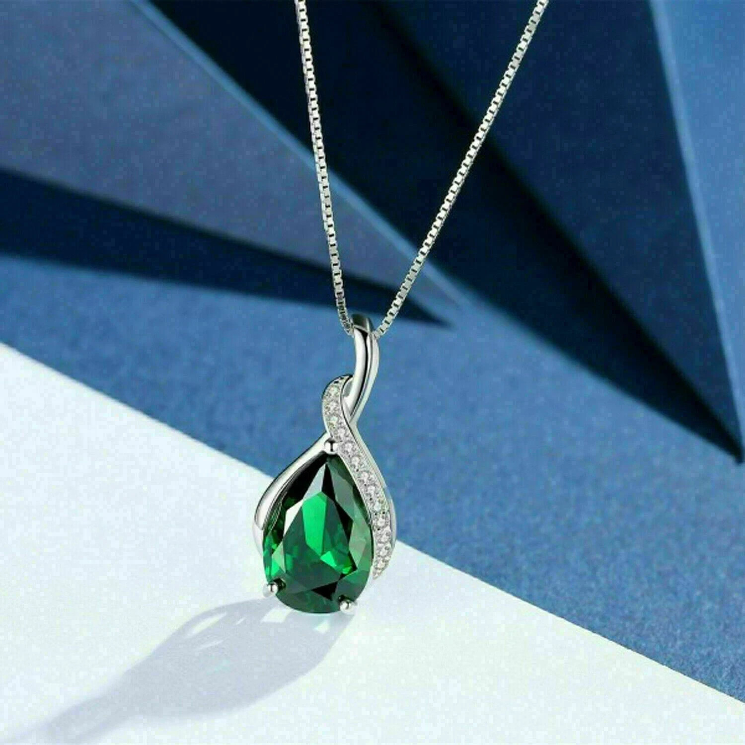 14k White Gold Plated 2.00Ct Pear Cut Simulated Green Emerald Pendant Necklace