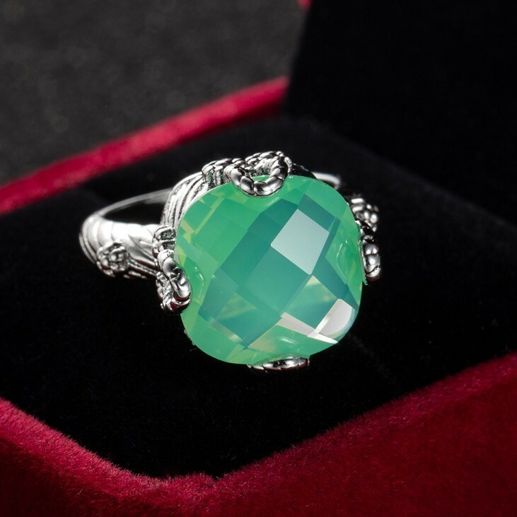 Special Fire Square Green Moonstone Gems Silver Rings Size 6~10 Holiday Gifts