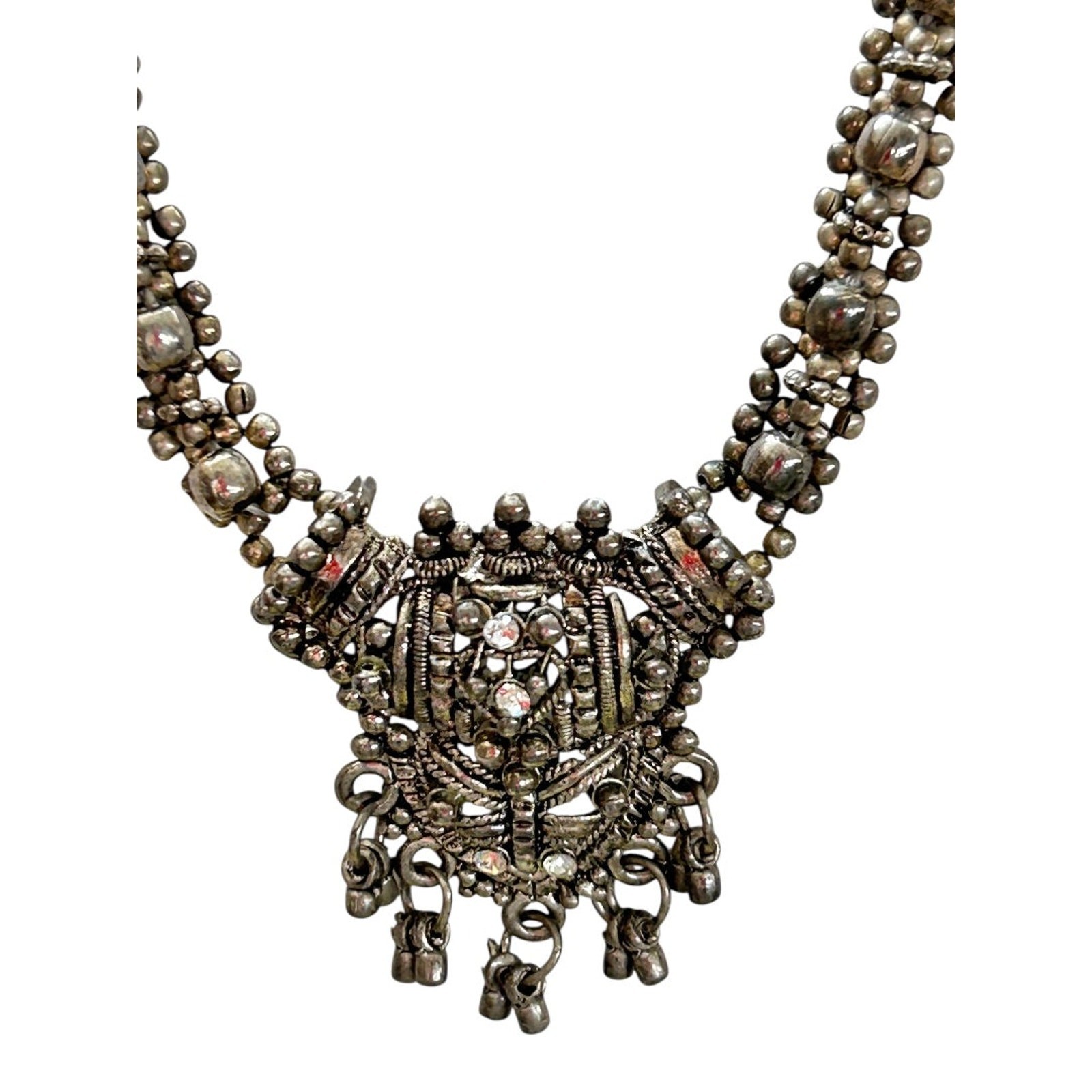 Slide Adjustable Overhead Silvertone Necklace Intricate Beading