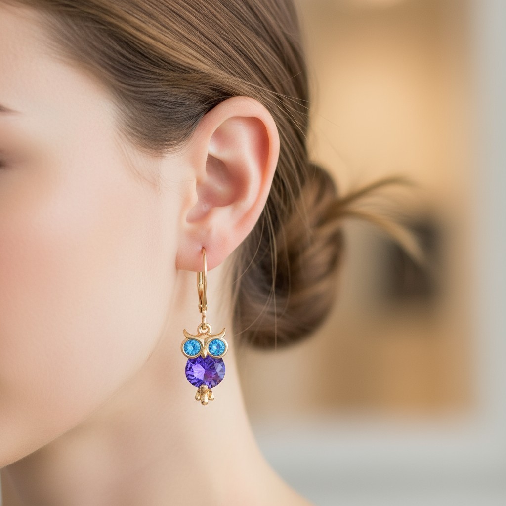 Betsey Johnson CZ Owl Drop Earrings – Gold-Tone with Blue & Purple Crystals