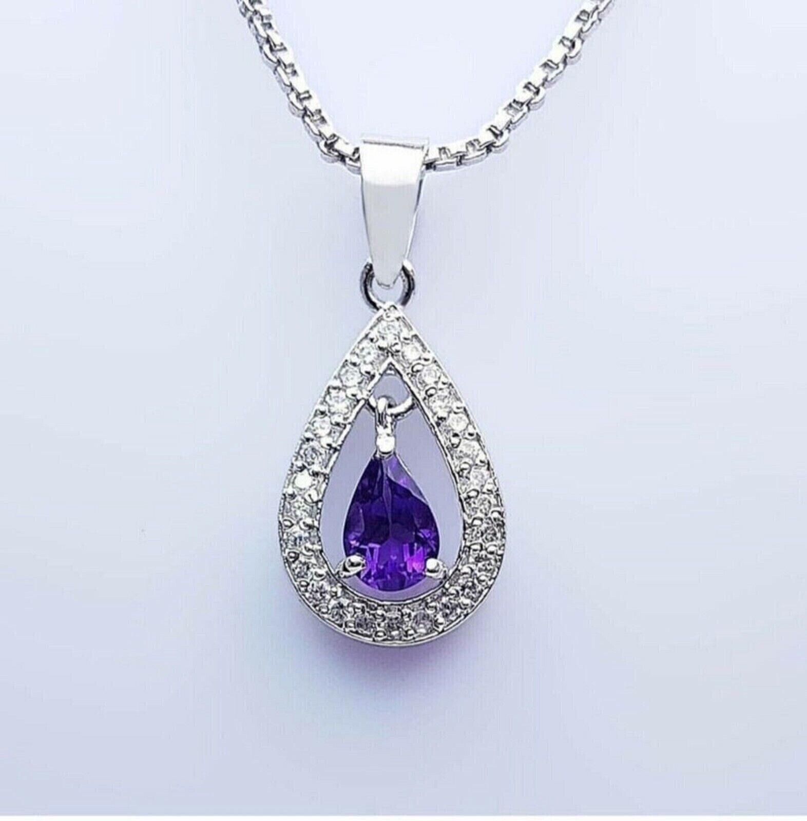 Pear Cut Simulated Amethyst Women’s Teardrop Halo Pendant 14K White Gold Plated