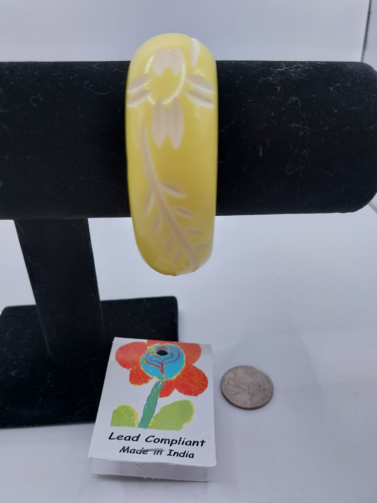 Summer Yellow Bangle Bracelet White Carved Designs All Around SZ 8