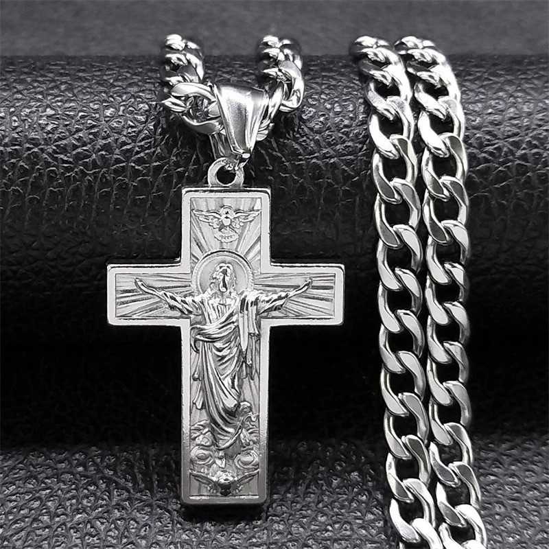 New Mens Stainless Steel Jesus Christ Face Crucifix Cross Pendant Necklace