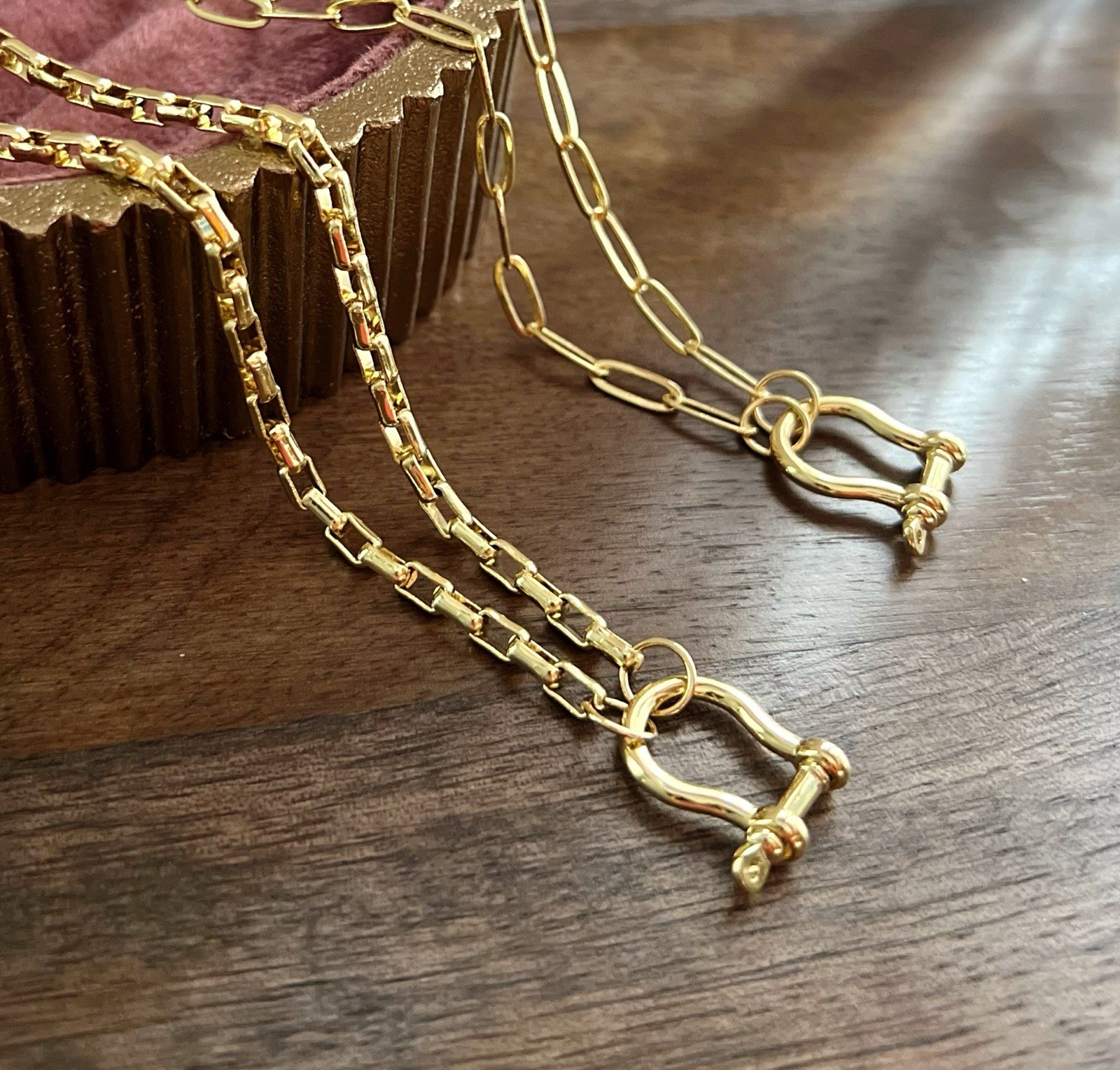 Gold Filled Carabiner Necklace Paperclip or Box Chain Charm Holder No Extender
