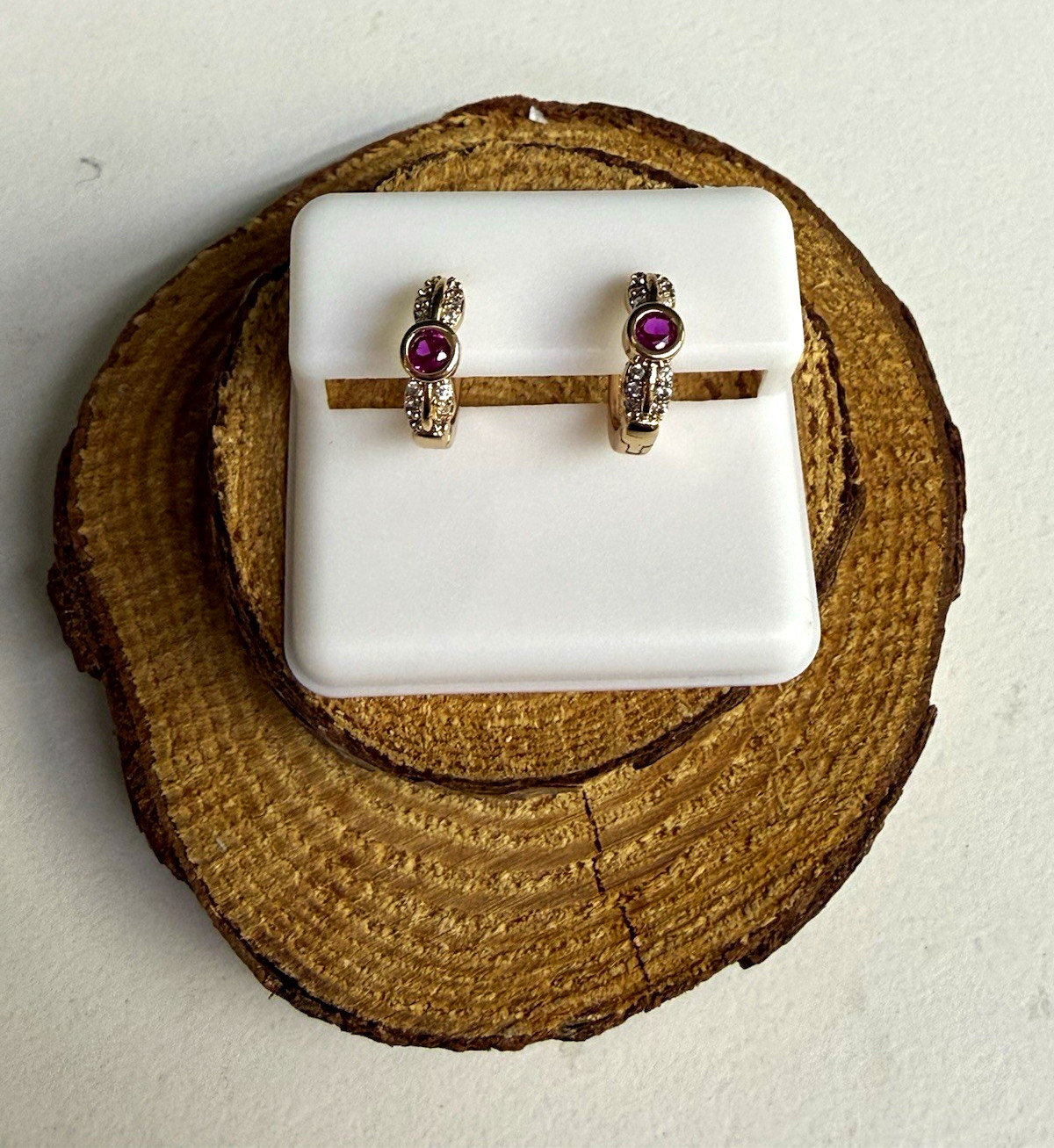14kt gold plated Pink Round Stone Huggie Hoop Earrings Latch Back Closure
