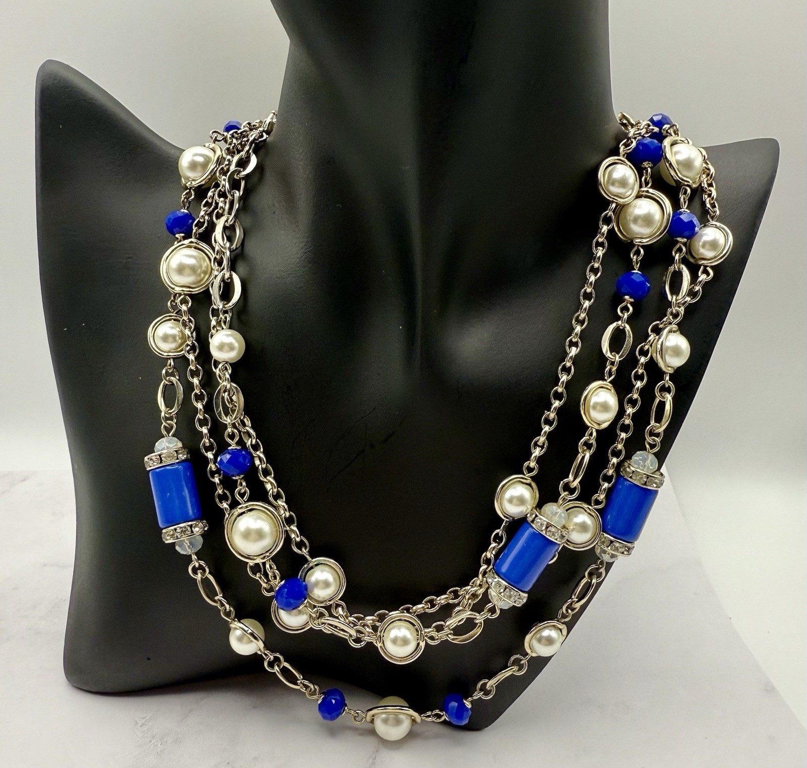 WHBM Convertible 3 in 1 Necklace Cobalt Pearl 38″ Champagne Gold Tone SportGlam