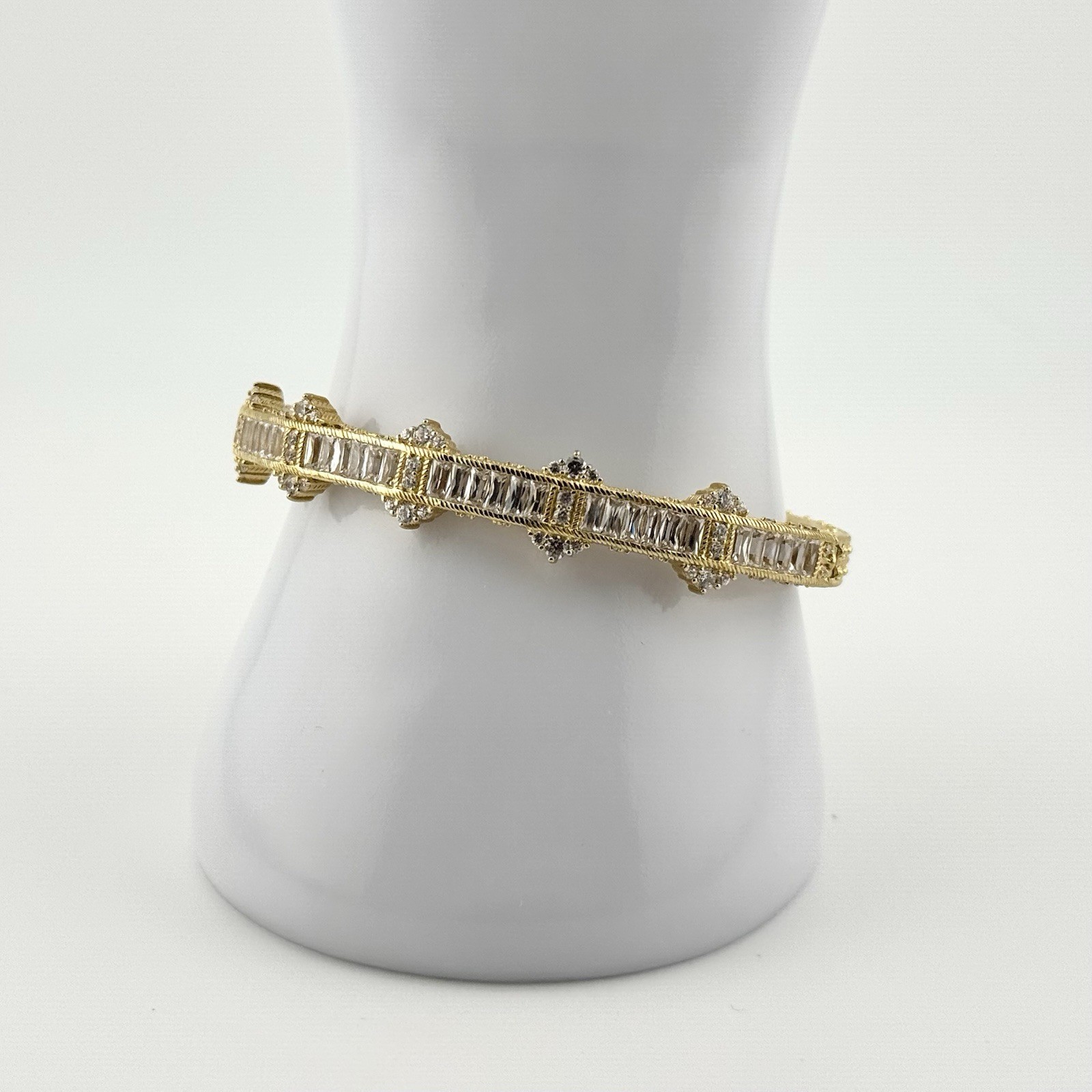Judith Ripka Signed 14k Gold Clad Sterling Hinged Cuff Bangle Bracelet