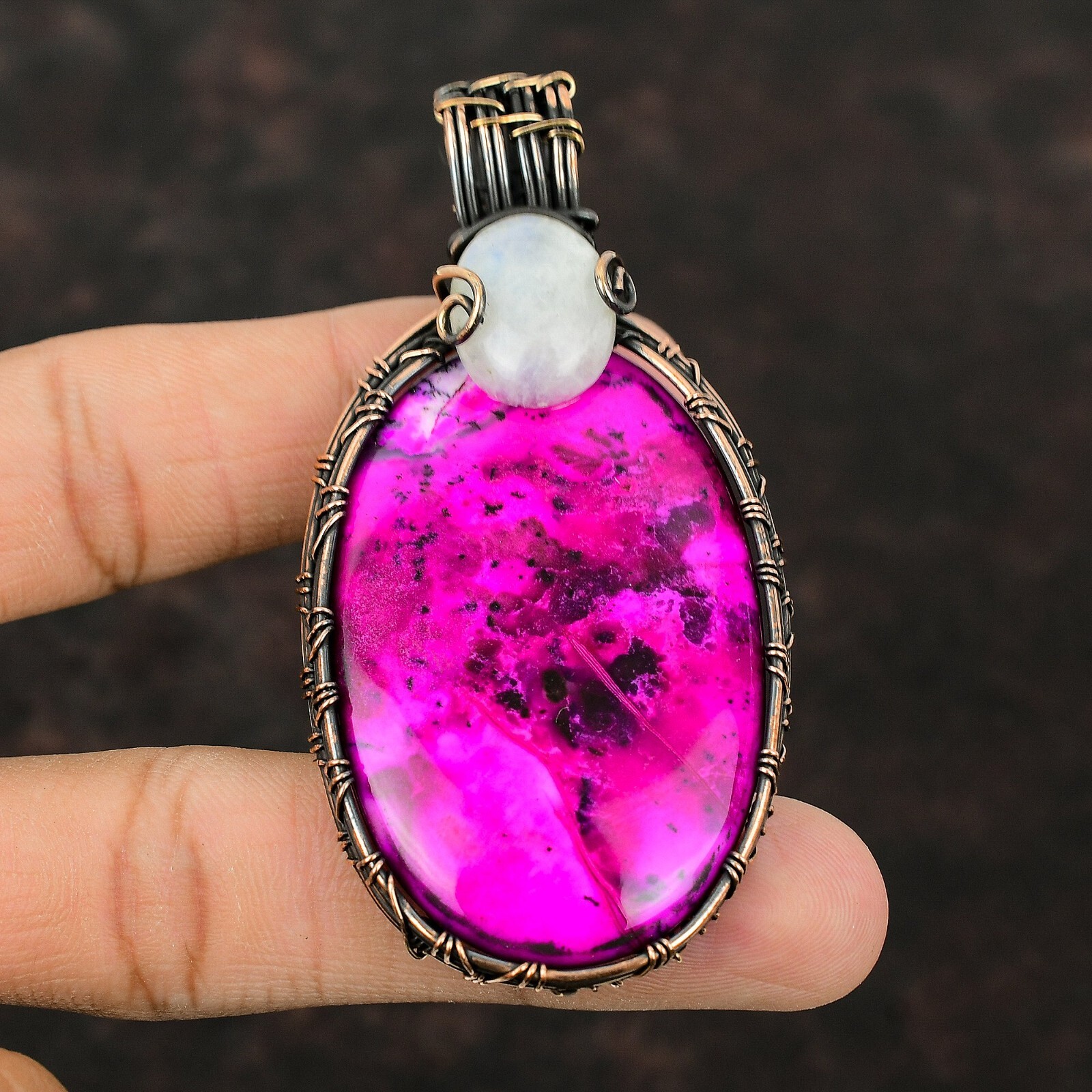 Pink Dendrite Opal Wire Wrapped Pendant Handcrafted Copper Ethnic Jewelry 3.15″