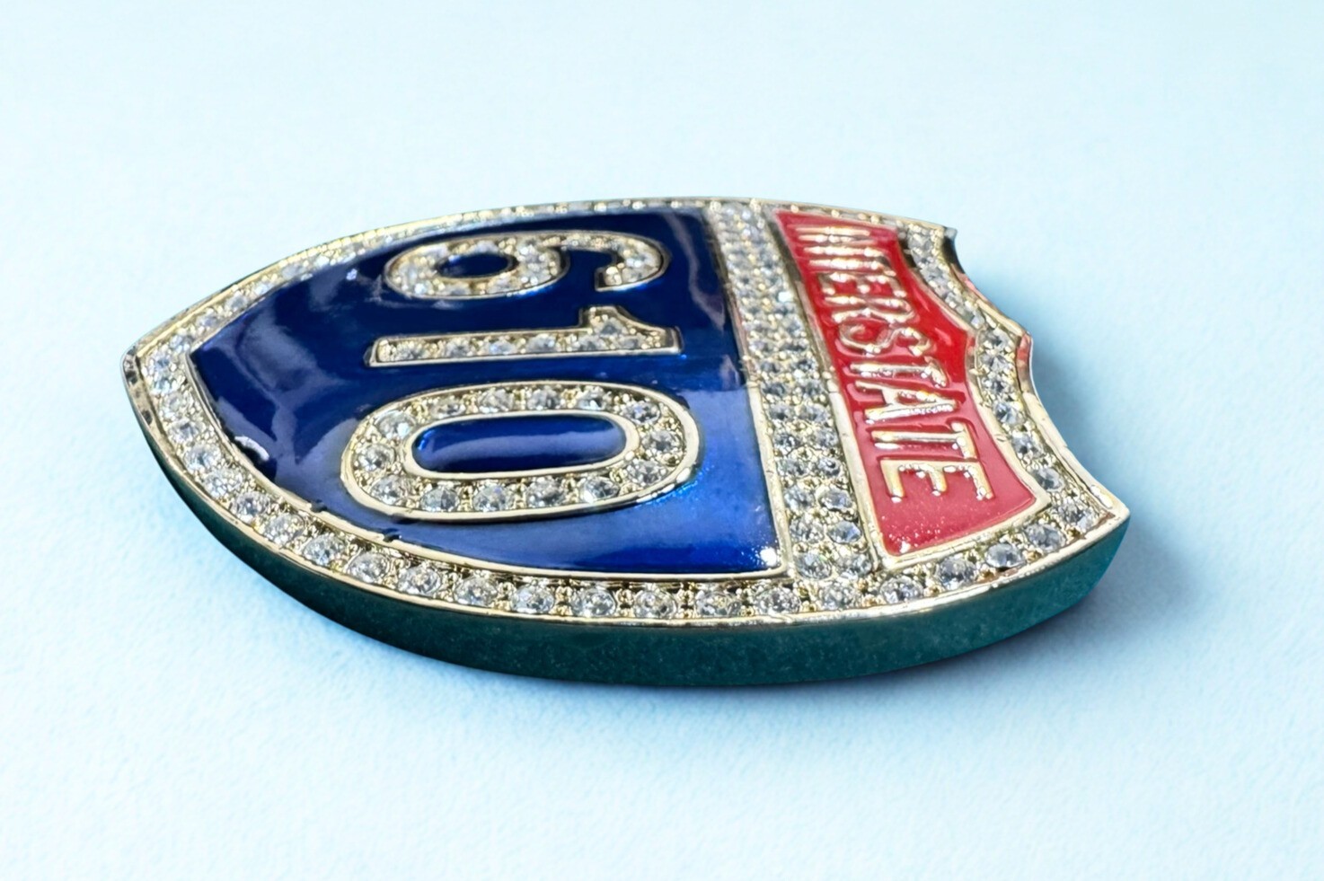 Interstate 610 Shield Belt Buckle – Gold Tone Iced Out Rhinestone Accessory