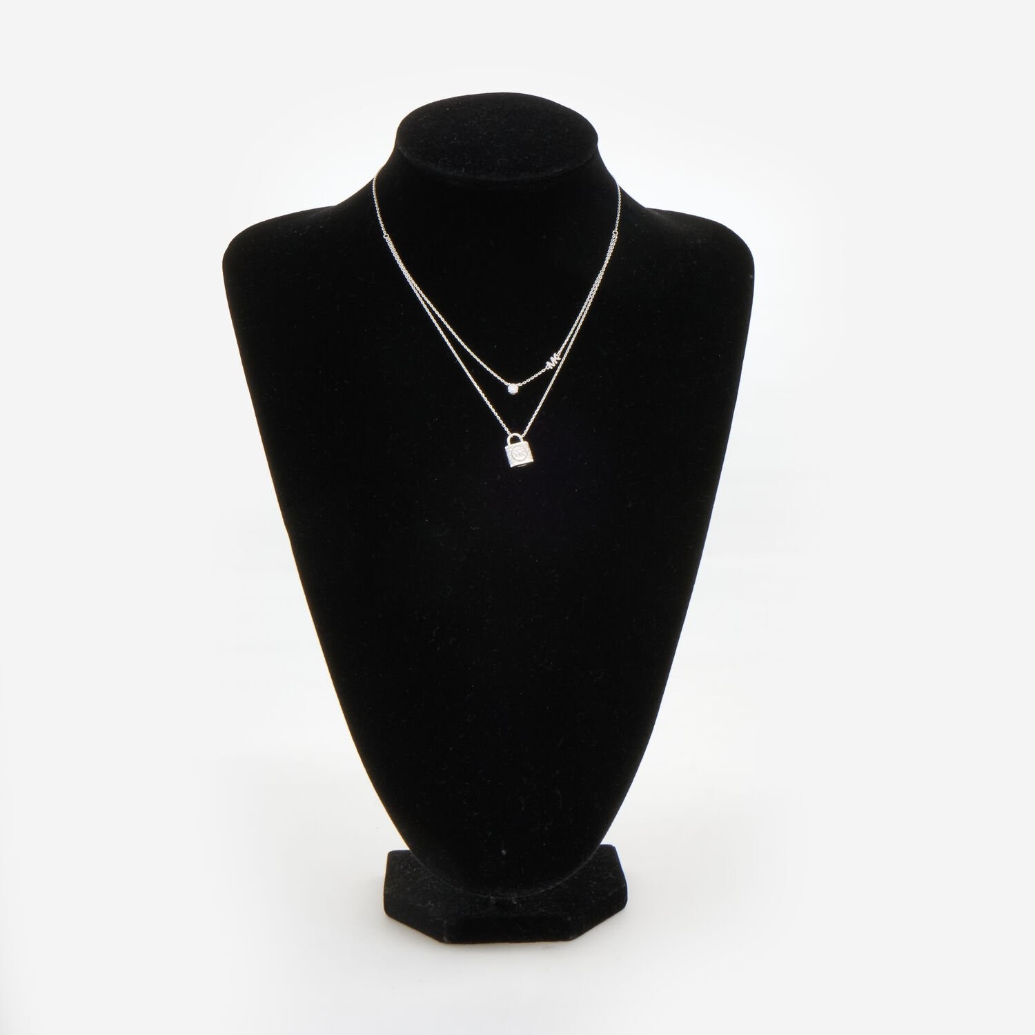 Michael Kors CZ Double Layered Pave Lock Necklace Sterling Silver