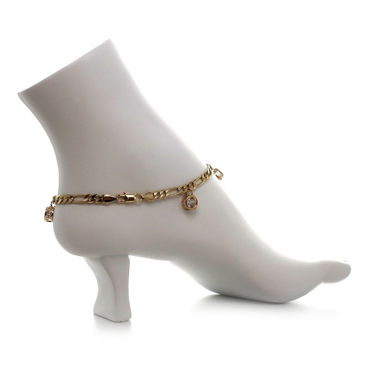 Italian Figaro Link Chain Anklet Cubic Zirconia Ankle Bracelet 14k Gold Plated