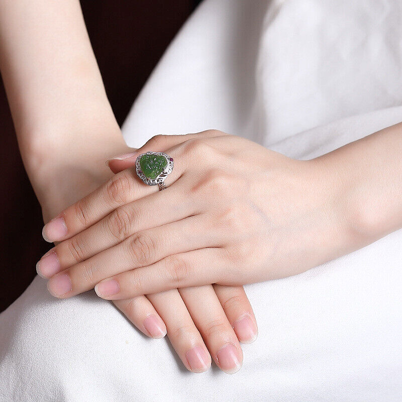 Chinese Hetian Jasper Buddhism Maitreya Buddha Pretty S925 Pure Silver Ring