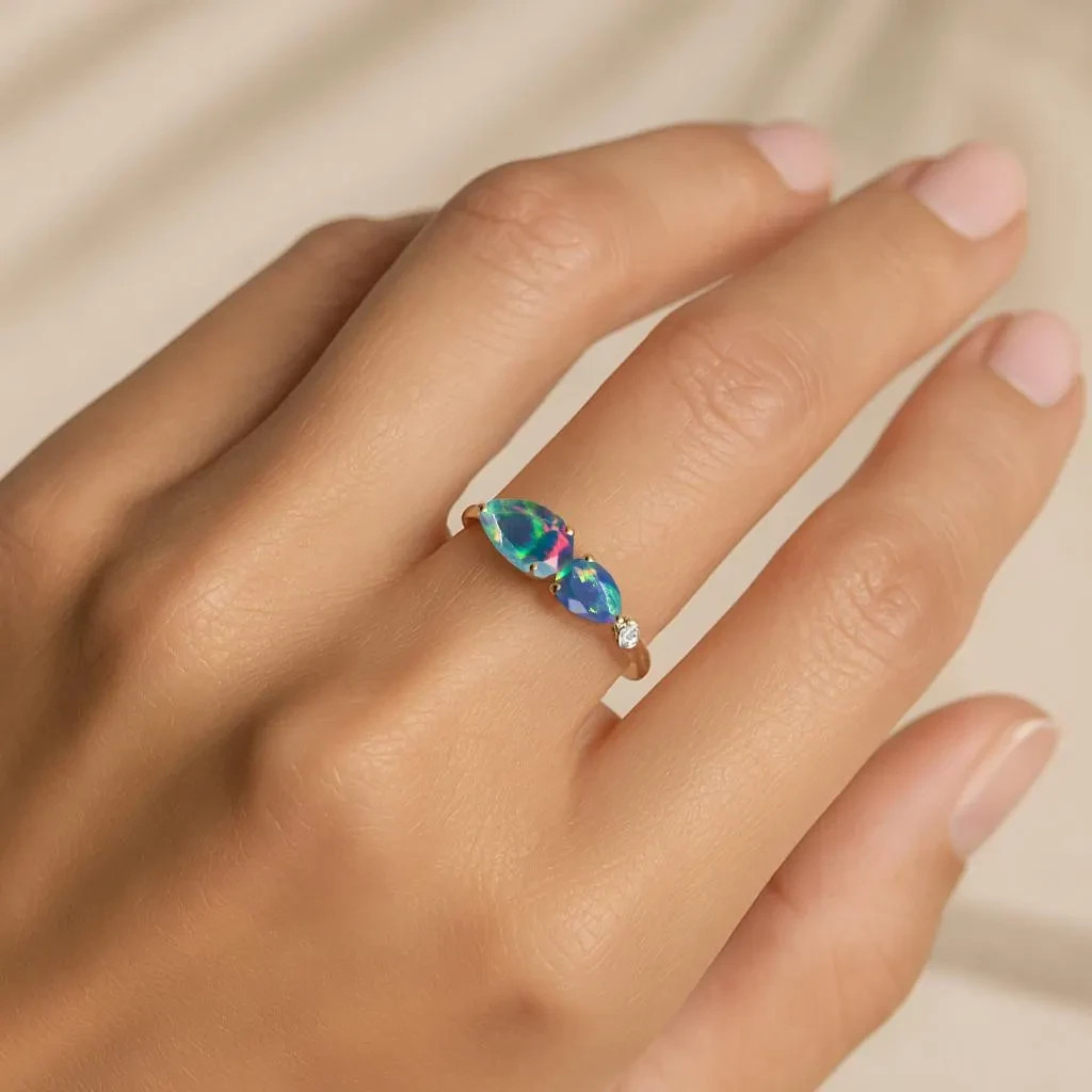 Natural Black Opal Three Gemstone Stackable Ring, Fire Opal Gemstone Gold Ring