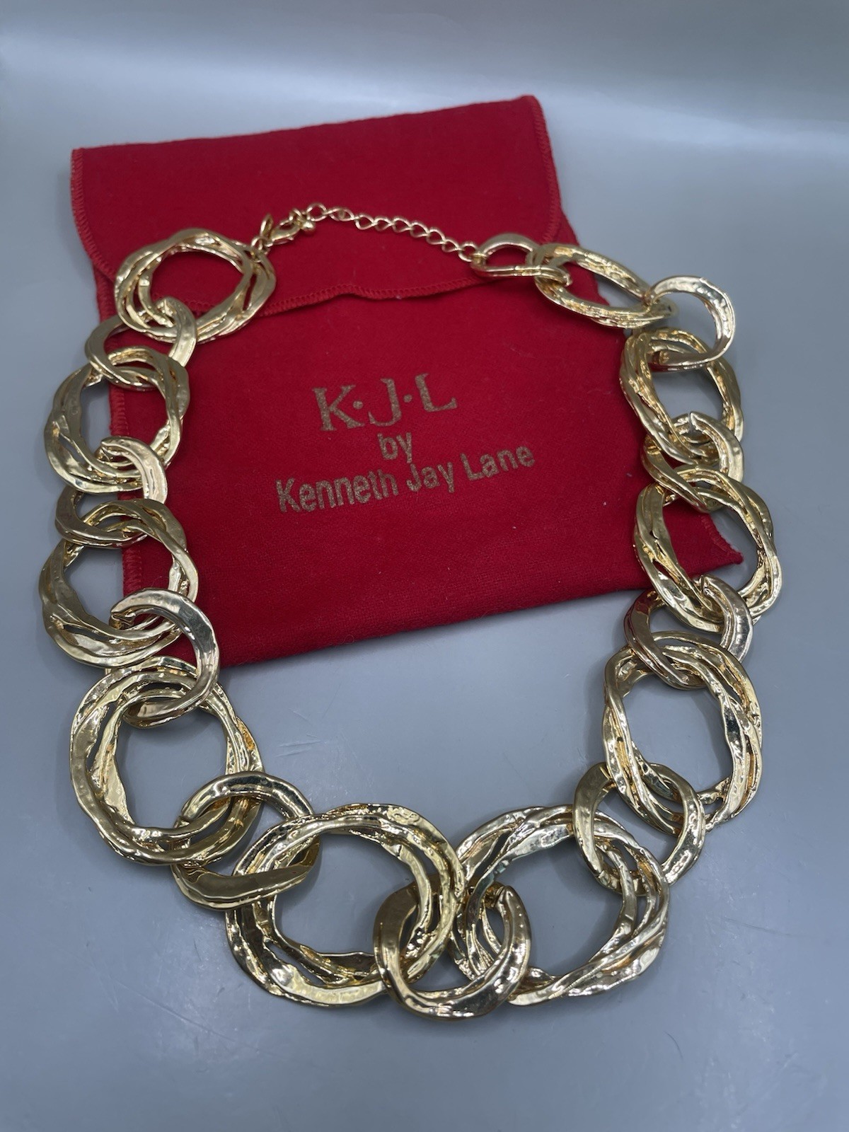 VTG Signed KJL Kenneth Jay Lane Polished GoldTone Link Collar Necklace W/Bag
