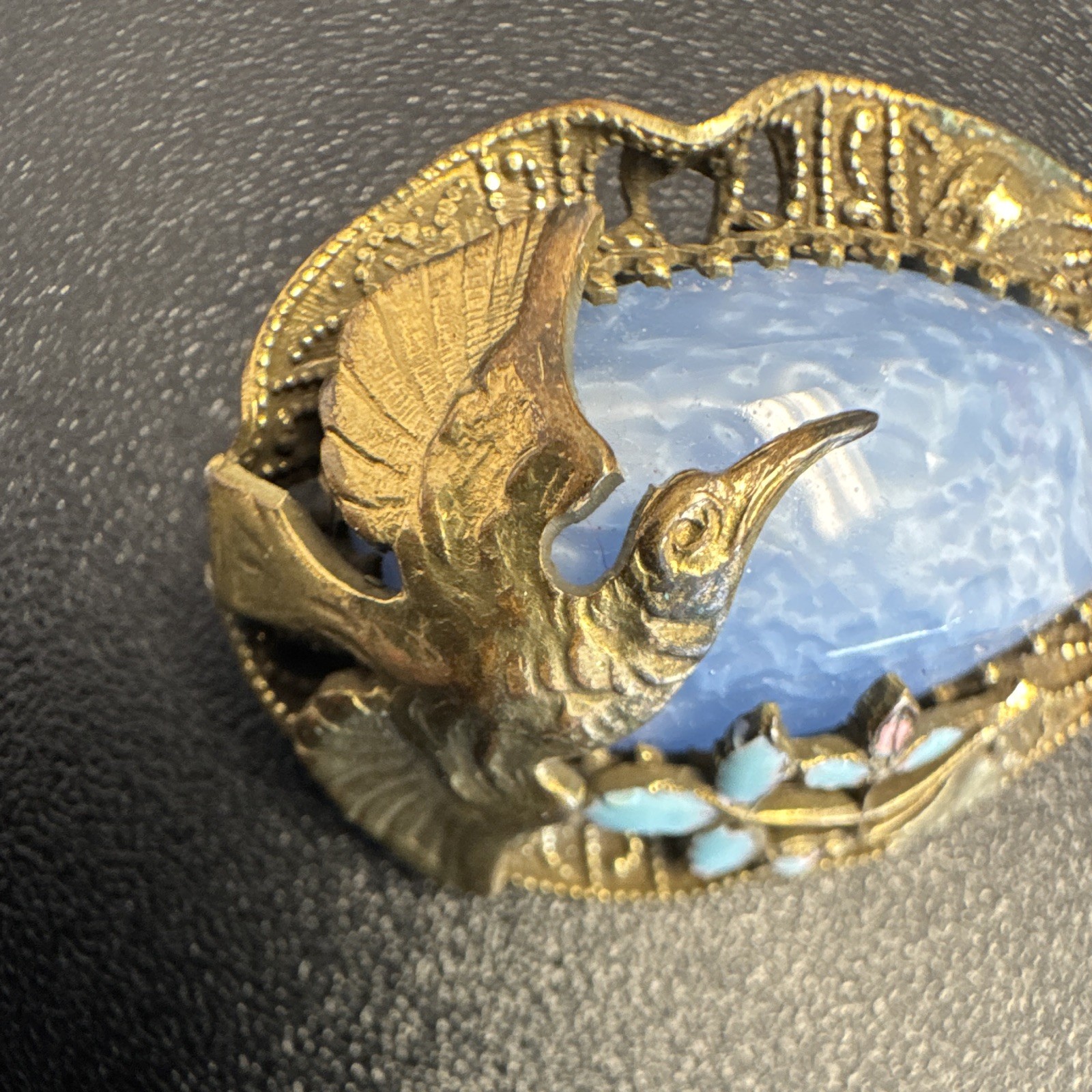 Vintage brass filigree bird brooch blue cabochon. Unique