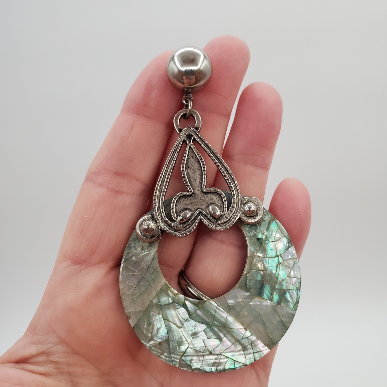 DLH Depose Earrings 3.5in Huge Pewter Iridescent Mosaic MOP Abalone VTG Estate