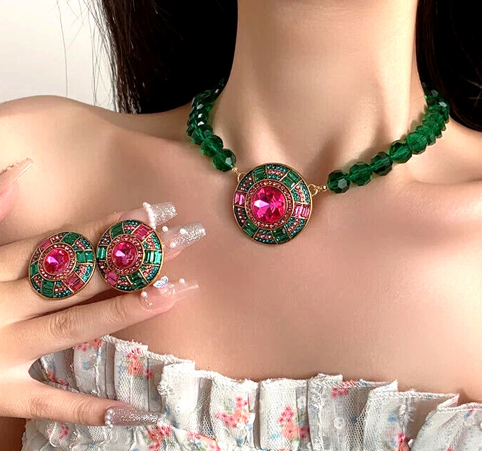 Vibrant Green Pink JEWEL Rhinestone Bead Betsey Johnson Necklace Earrings SET
