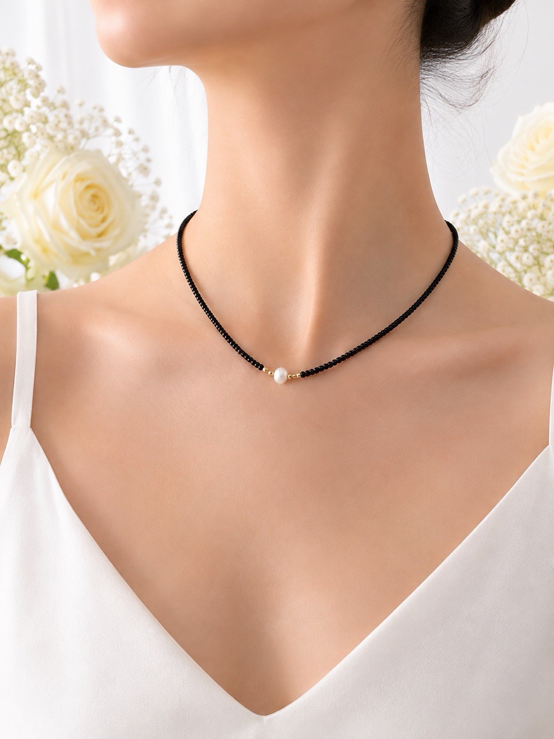 Beaded Choker Necklace with Pearl Charm – White Blue Red Black – Women’s Jewelry