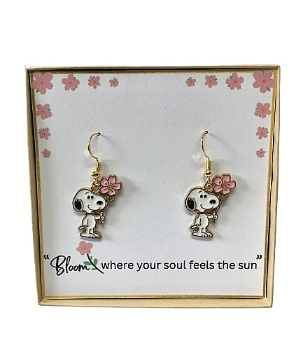 Snoopy Cute Gold Enamel Earrings Inspirational Pink Flower Boxed Greeting Card