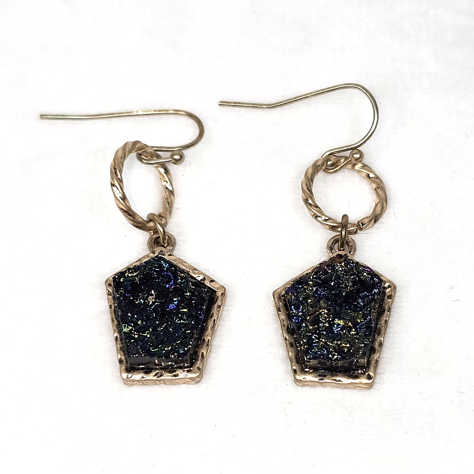 Charming Charlie BLUE DRUZY STONE NECKLACE 34″ Long Gold Tone MATCHING EARRINGS