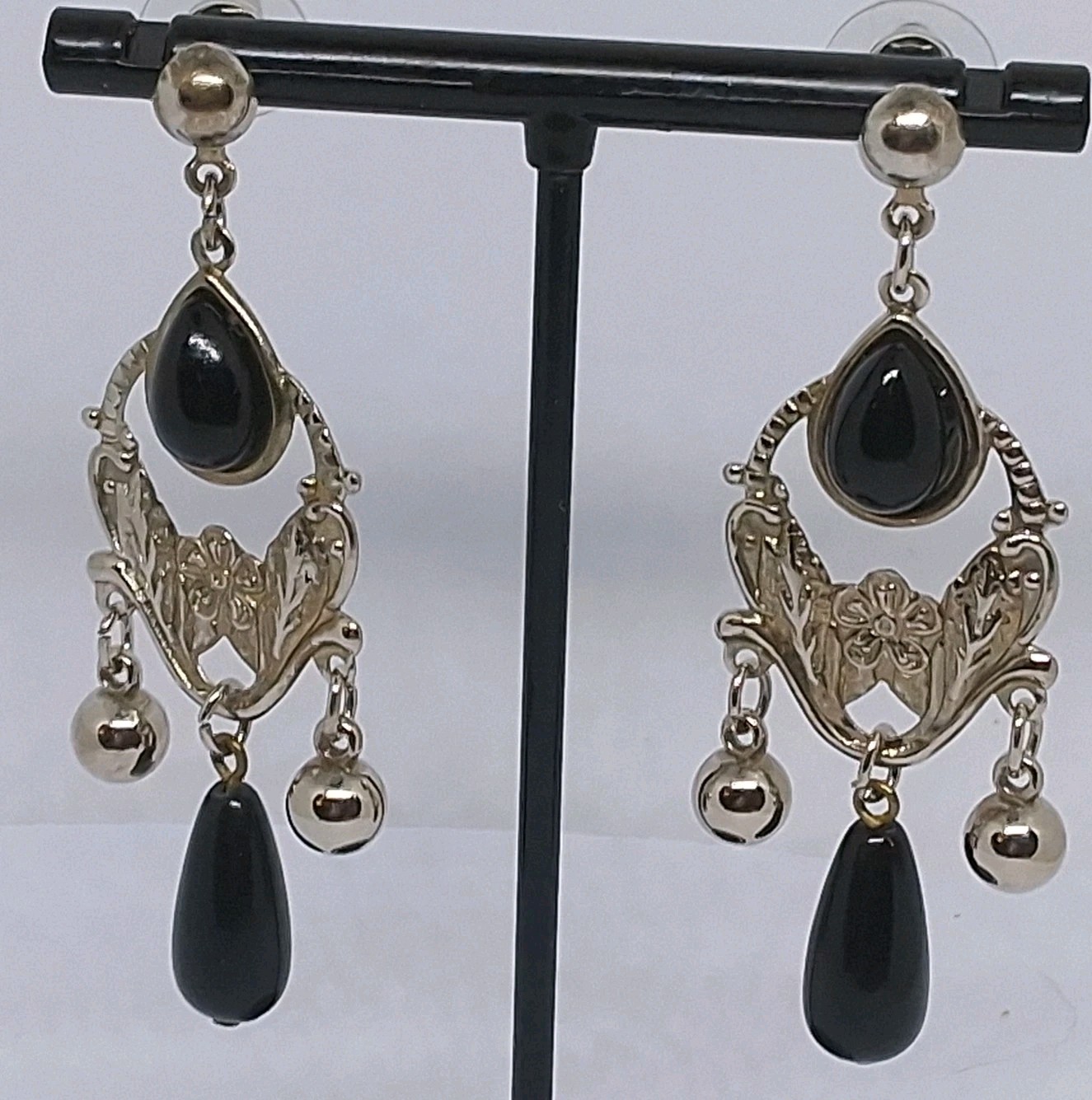 Vintage Silver-tone W/ Black Beaded Chandelier Drop Dangle Post Pierced Earrings