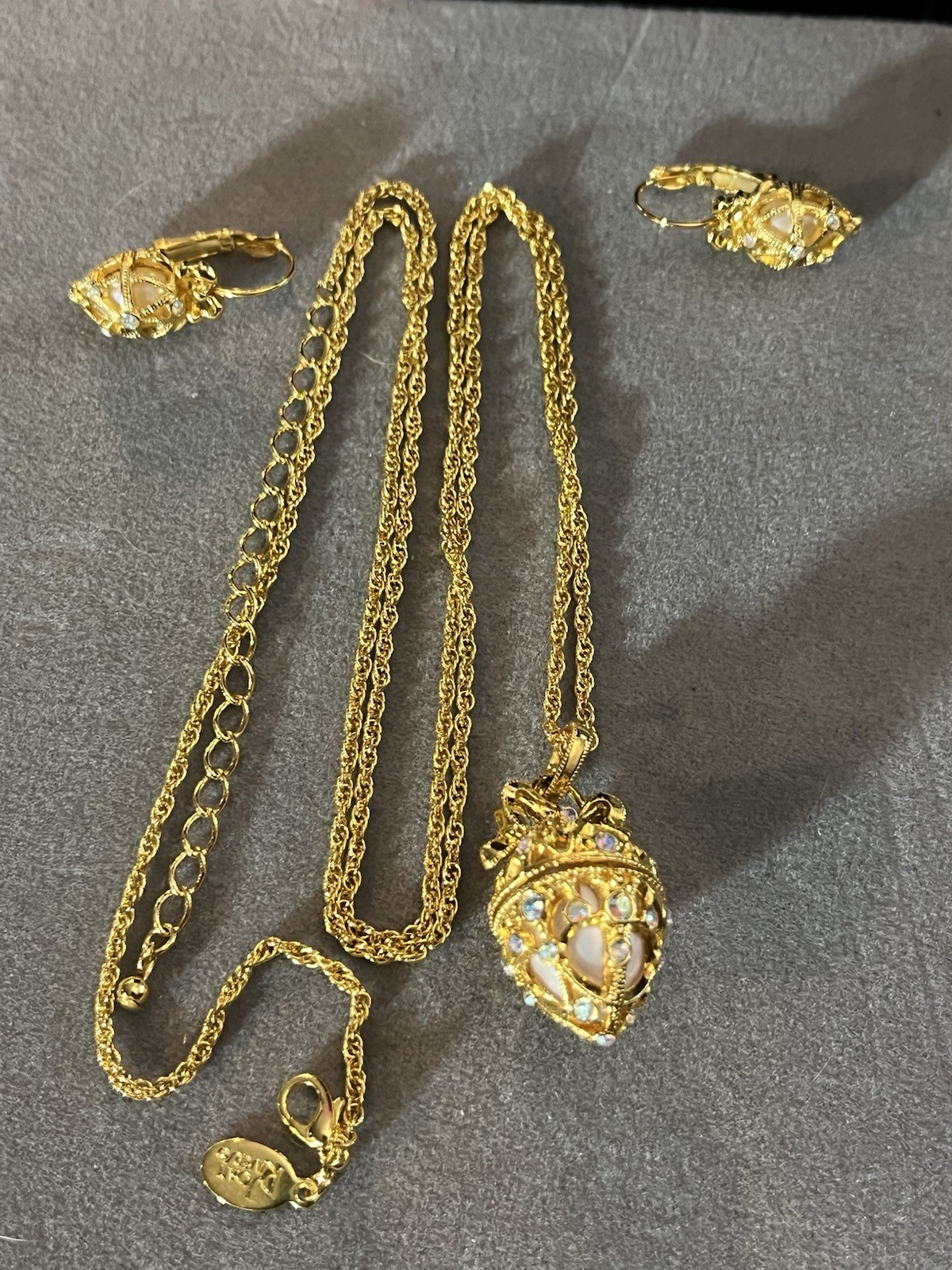 Faberge Egg Pendant Necklace Earrings Set Joan Rivers Jewelry Locket Opalescent