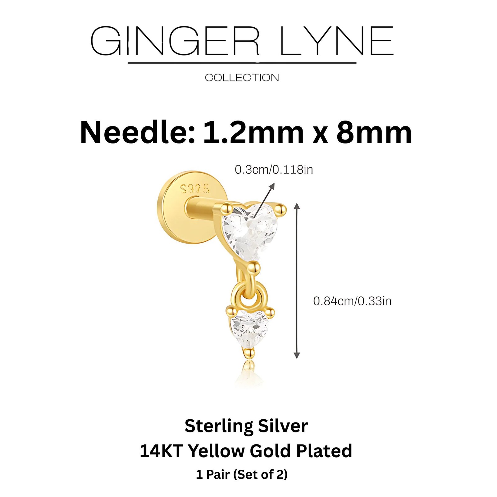 Heart Dangle CZ Flat Back Earrings for Cartilage Helix Tragus Lobe 14Kt Gold …