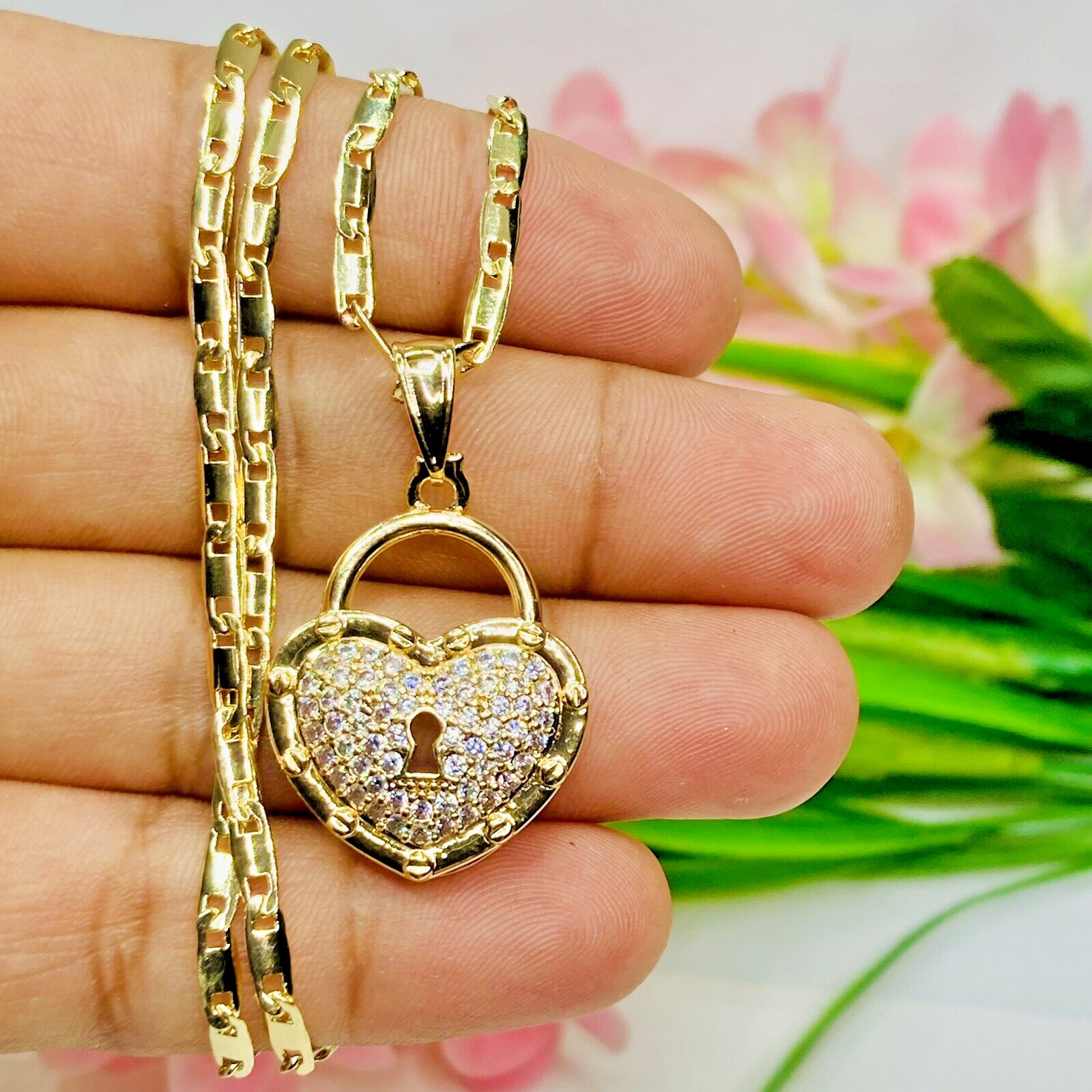 14k Gold Plated Lock Heart Shape Pendant w/ White Cz Necklace Chain 20in long