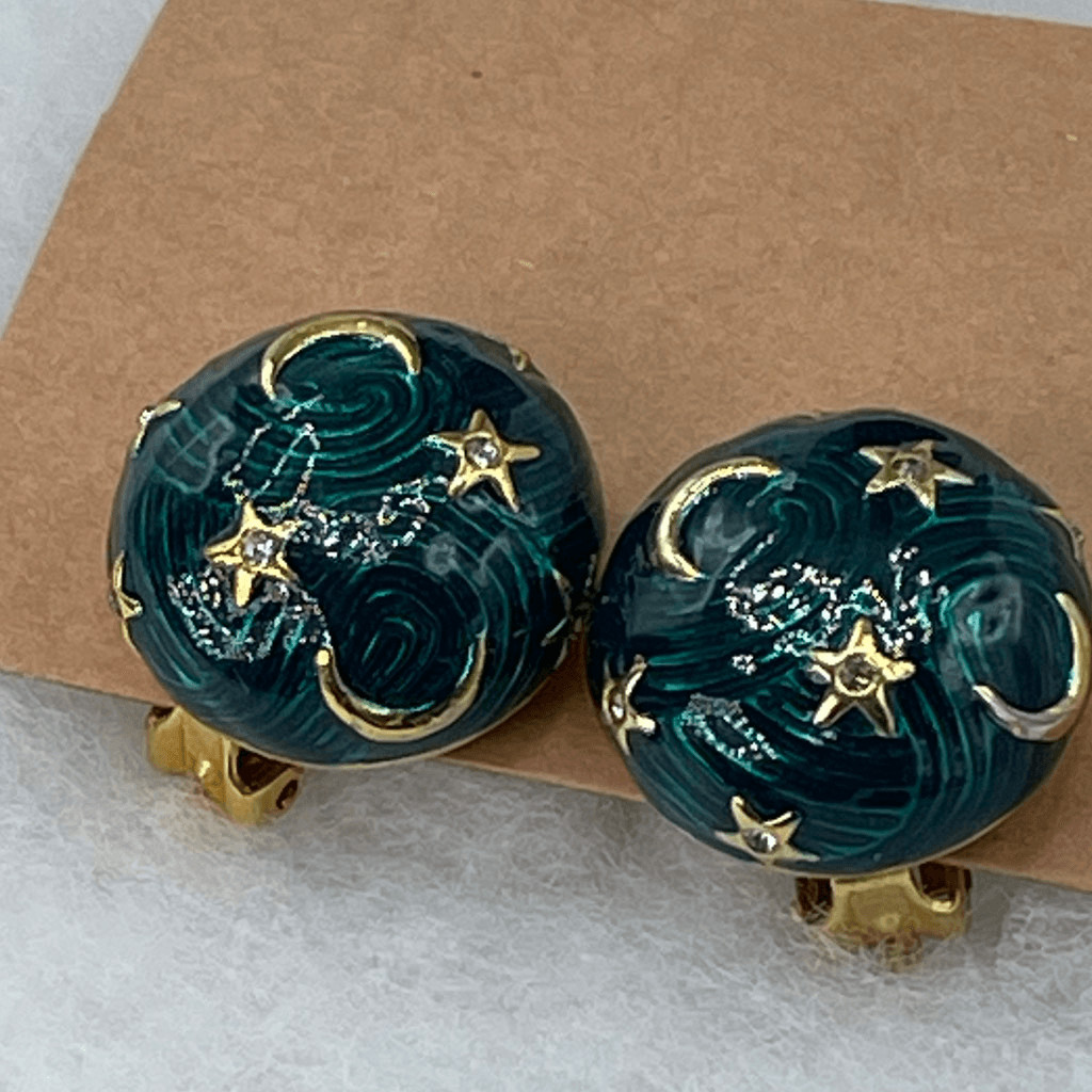 Vintage Celestial themed enamel dome clip earrings