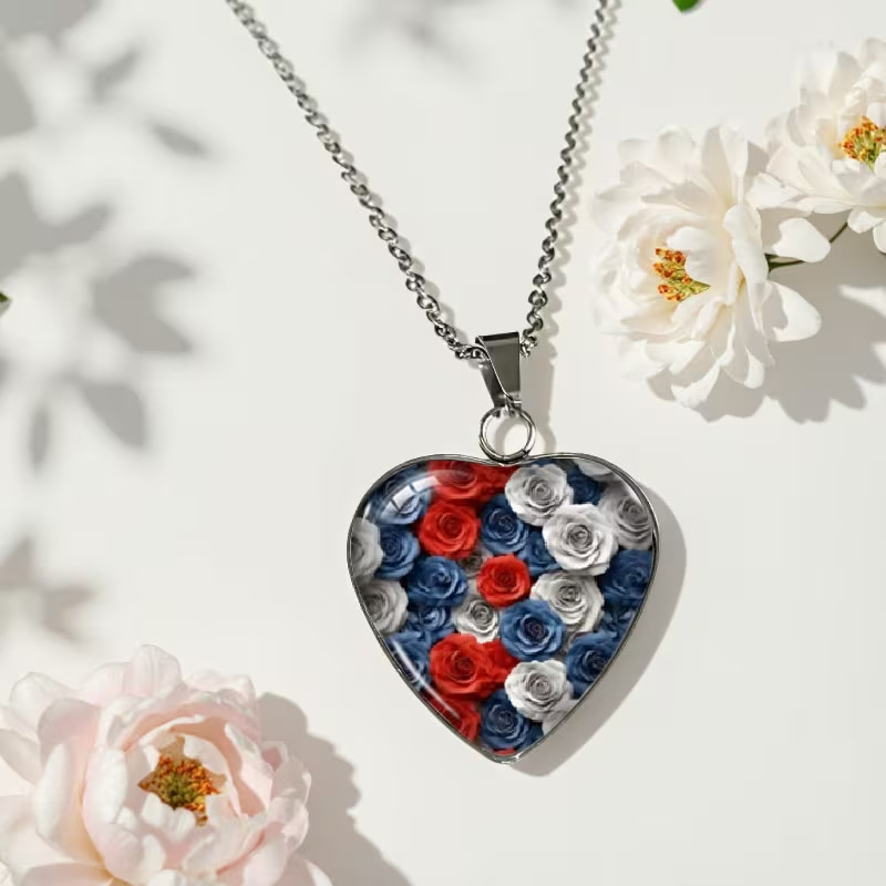 Women’s Patriotic Heart Red White and Blue Roses Necklace America 250th