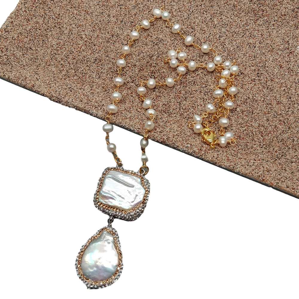 20″ Freshwater Cultured White Pearl Rosary Chain Necklace Keshi Pearl Pendant