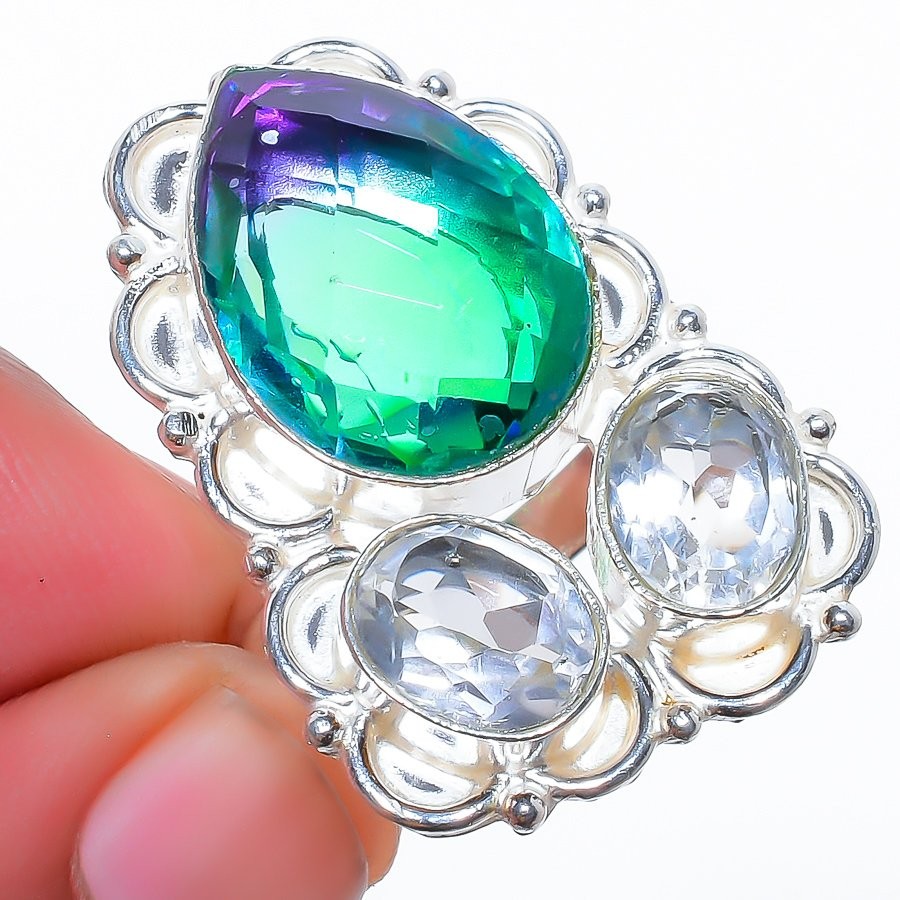 Bi-Color Tourmaline Gemstone 925 Silver Plated Ring 7 (10449) T656