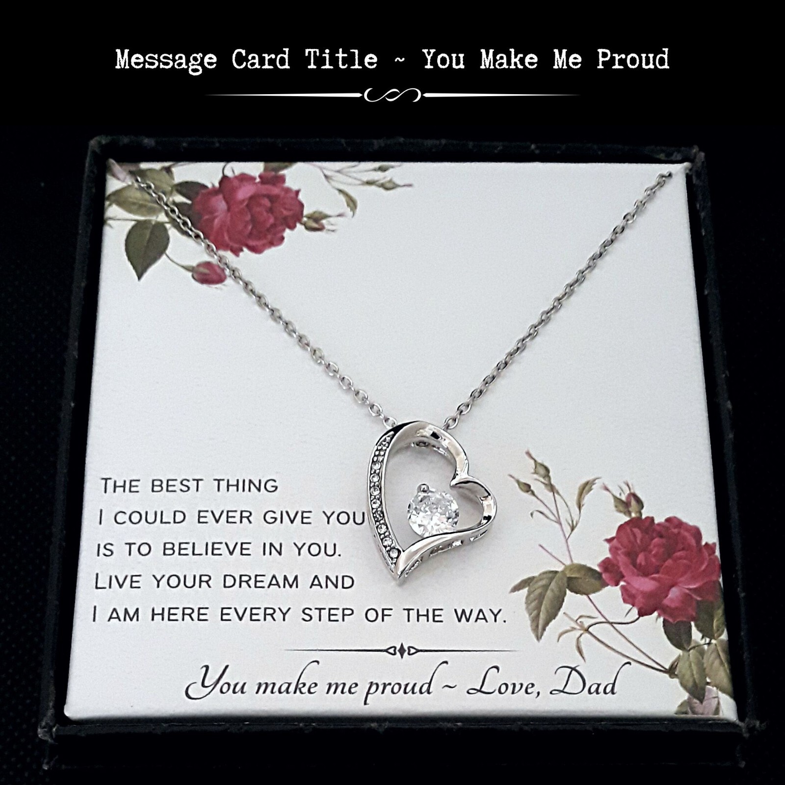 From Dad To Daughter – 14k White Gold Finish Heart Necklace – Message Card