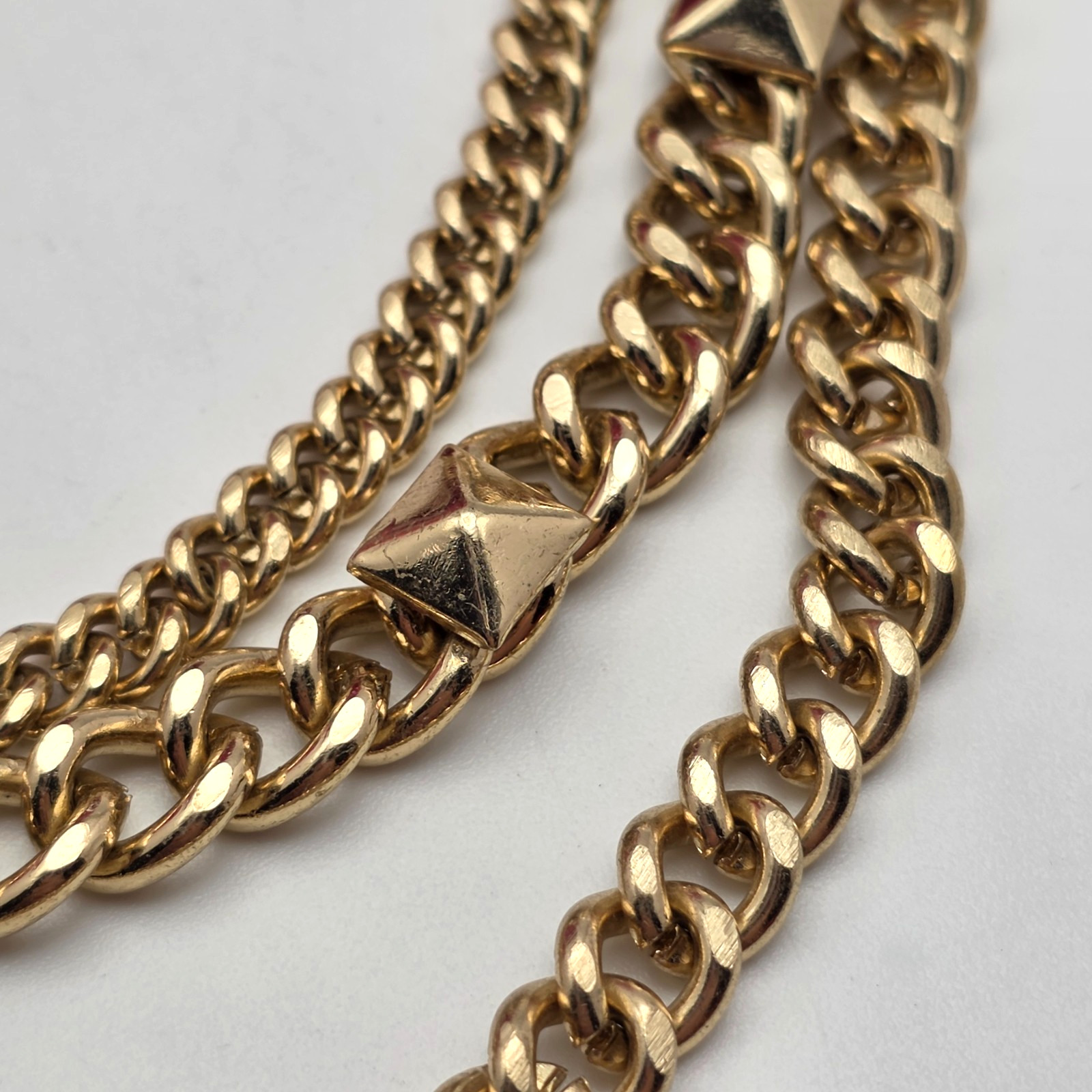 Gold Tone Layered Curb Chain Statement Necklace With Pyramid Studs 19 In