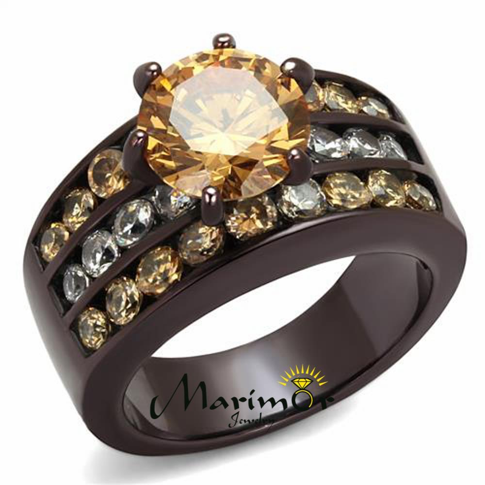 Dark Brown Stainless Steel 4.31 Ct Champagne CZ Engagement Ring Womens Size 5-10