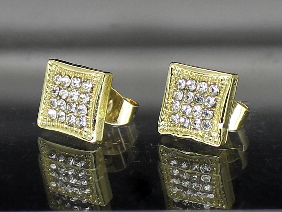 Men Women CZ Earrings Square Iced 10mm Studs Gold Plated Hip Hop Stainless Steel