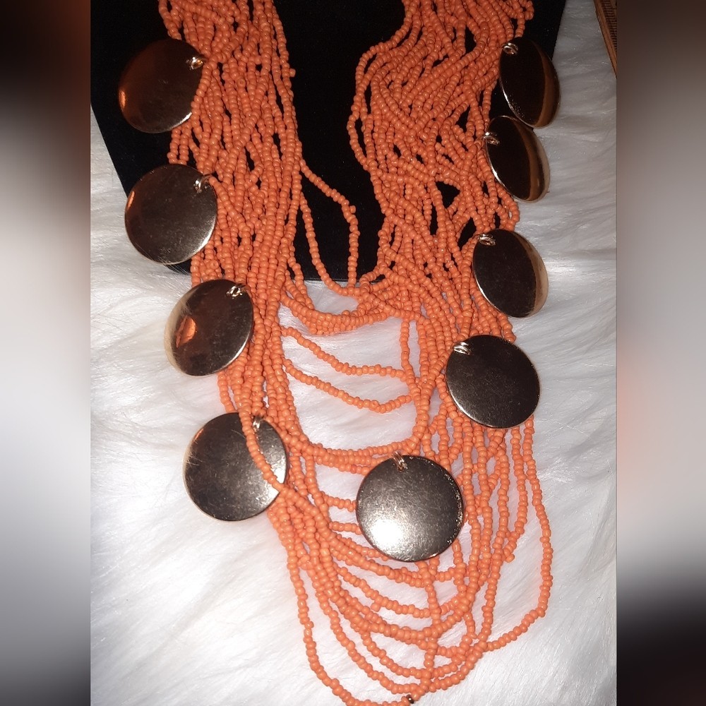 NEW burnt orange multistrand seed bead and goldtone disk necklace