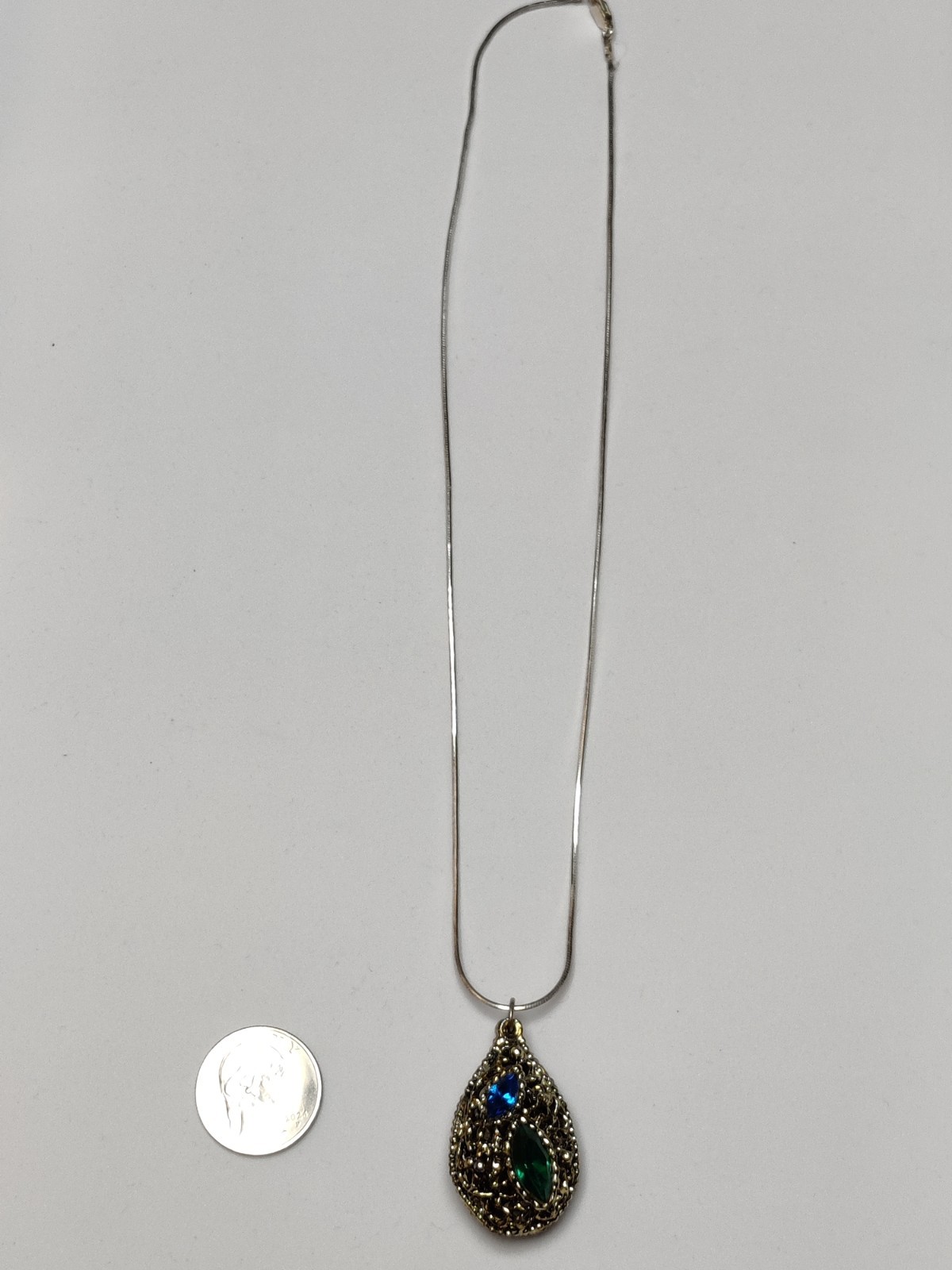 Gold Teardrop with Green & Blue Crystal Rhinestones Pendant