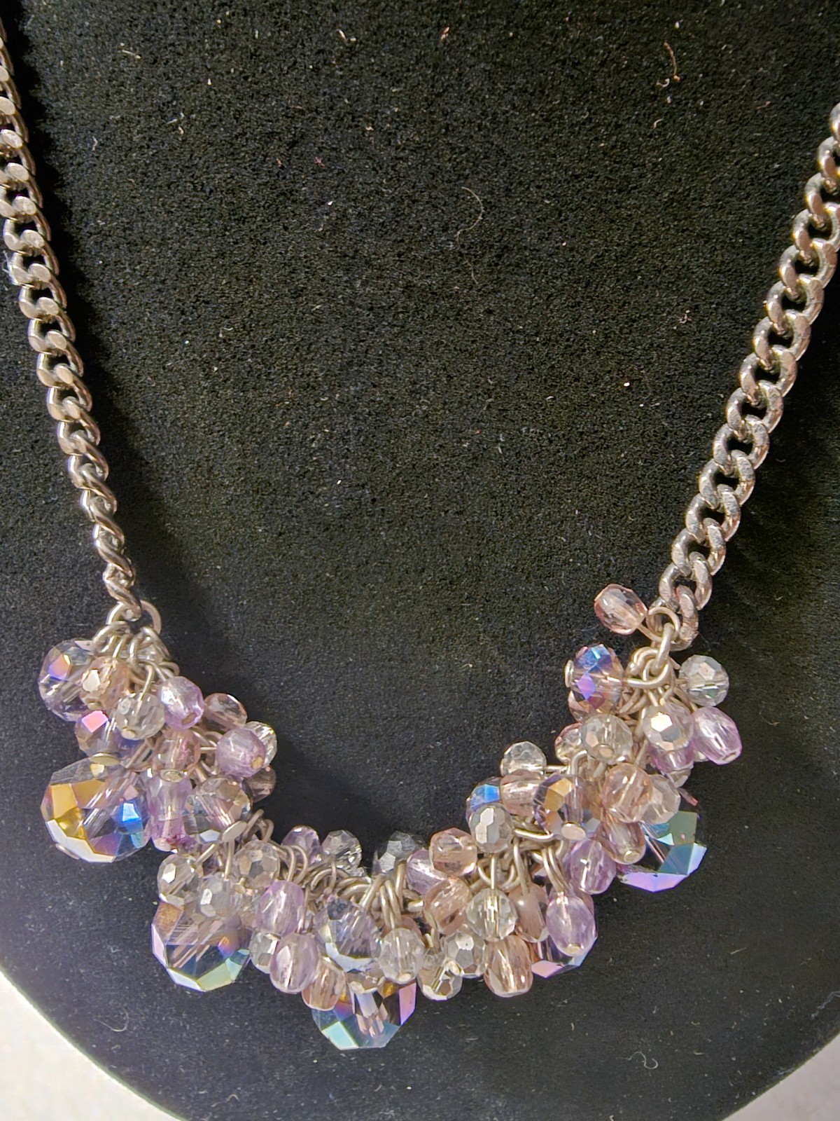 Silver Tone Curb Link Chain Necklace Purple & Clear Crystal Glass Cluster