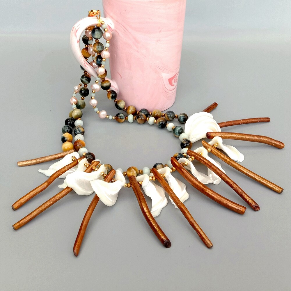 Purple Baroque Pearl Tiger Eye White Shell Gold Coral Necklace  20″