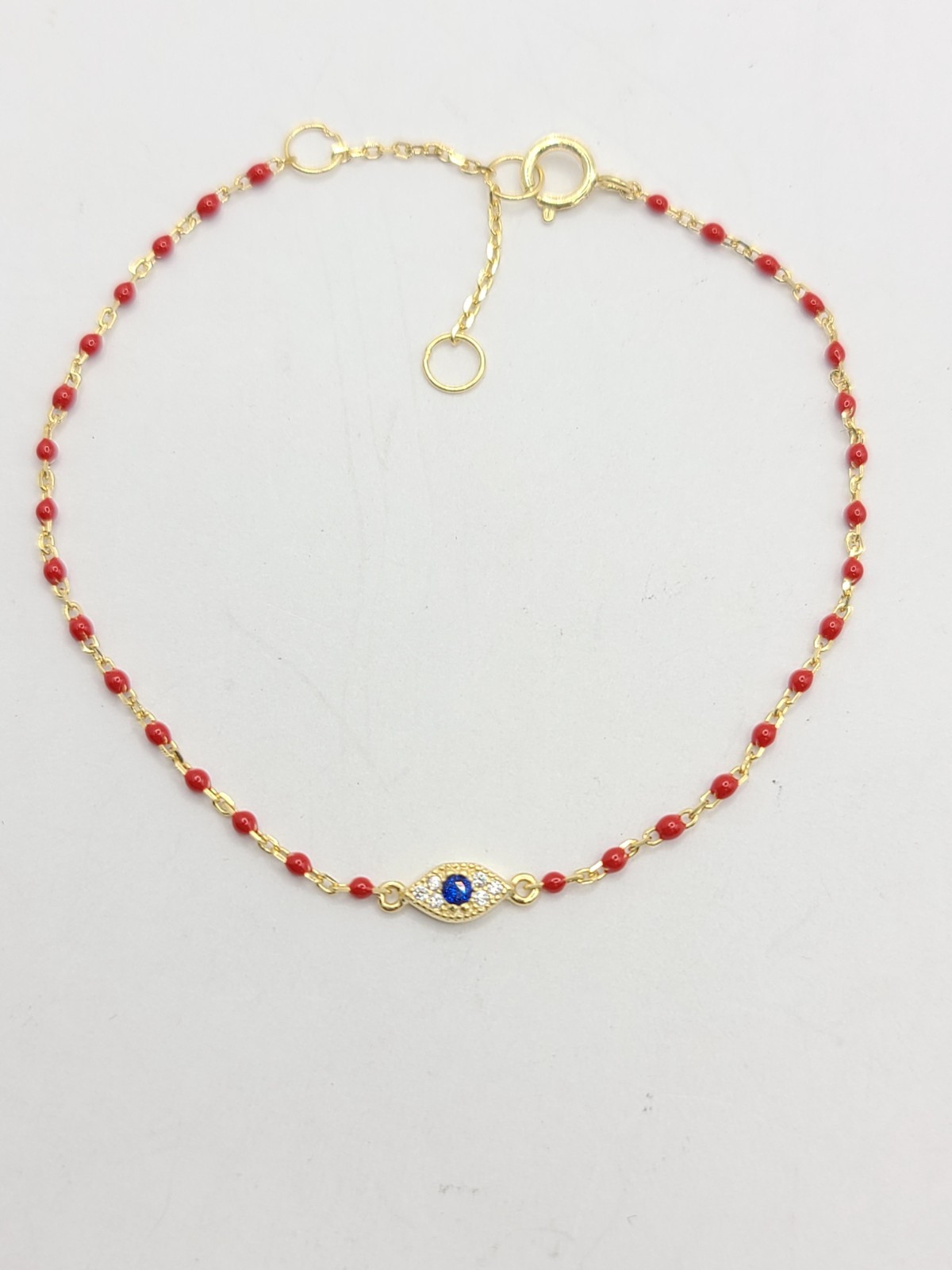Mini 1.2mm Red Bead 14k Gold Plated Sterling Eye of Evil CZ Bracelet 6″+1″ EXT