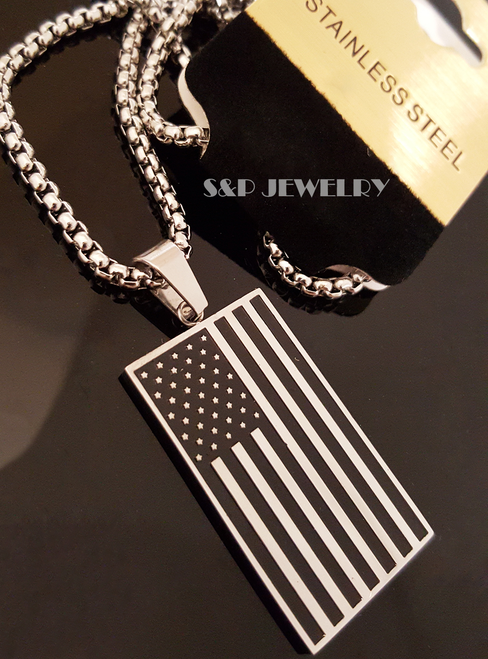 New Stainless Steel American Flag Pendant & 24″ Round Box Chain Necklace 131S