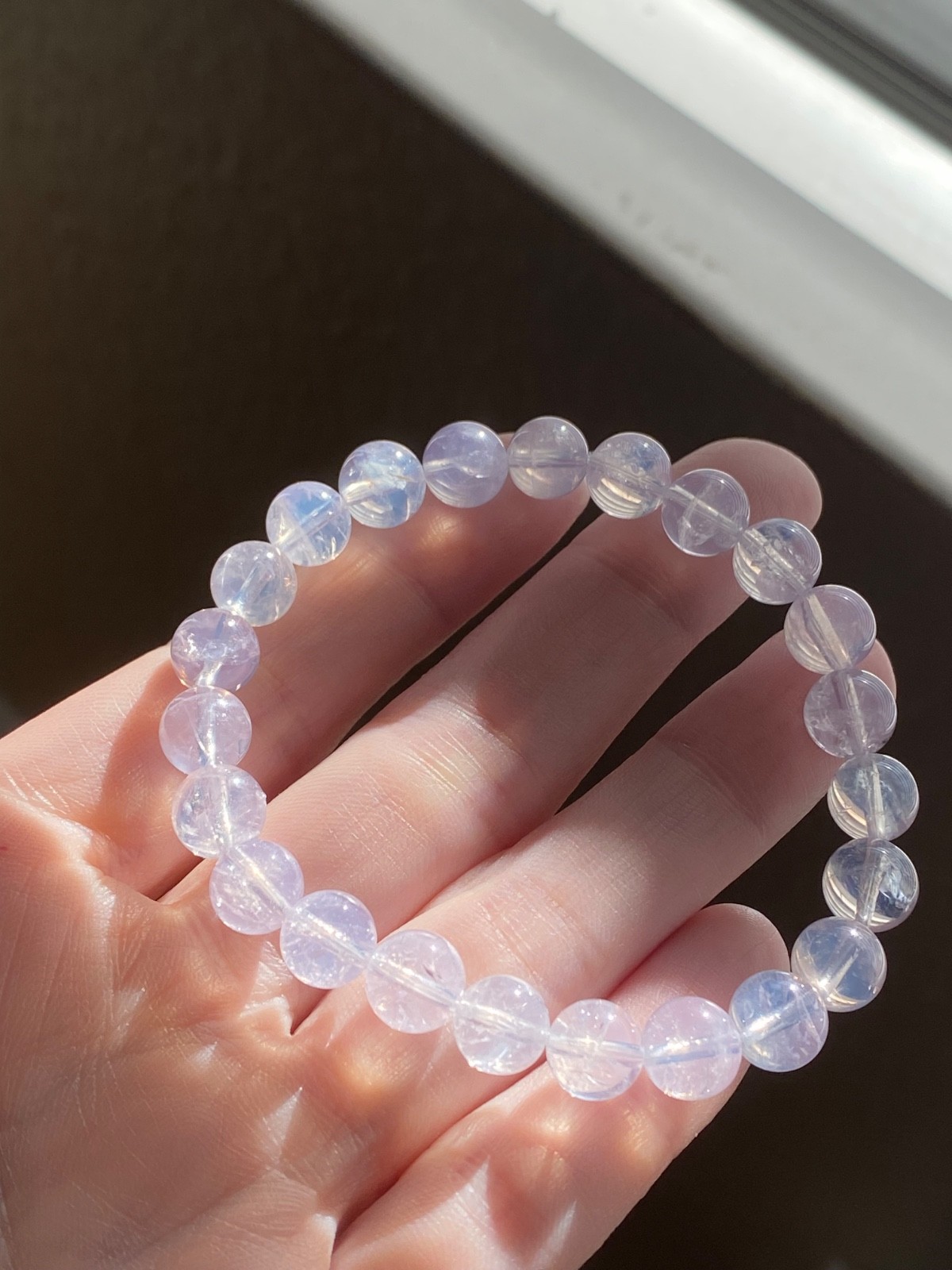 Natural Lavender Moon Quartz Beaded 8.7mm Crystal Bracelet 7 Inch Stretch Fit