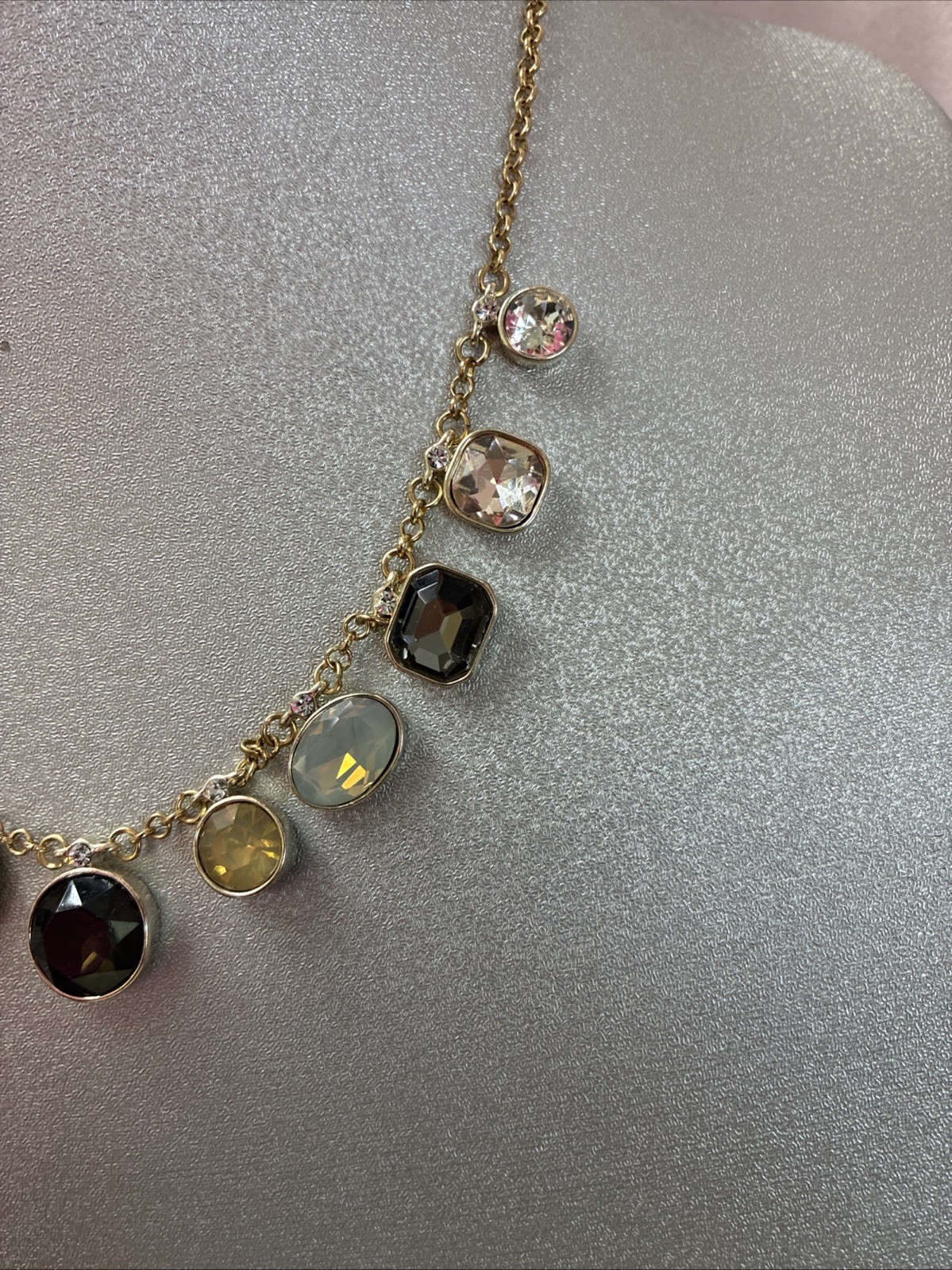 New Gold Tone & Multicolor Glass Rhinestone Necklace 18”+ Very Good Condition