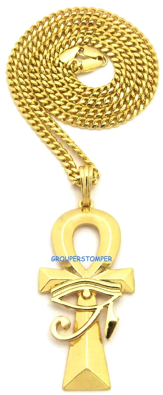 Egyptian Eye Of Ra On Ankh New Pendant With 24 Inch 4mm Cuban Chain Horus