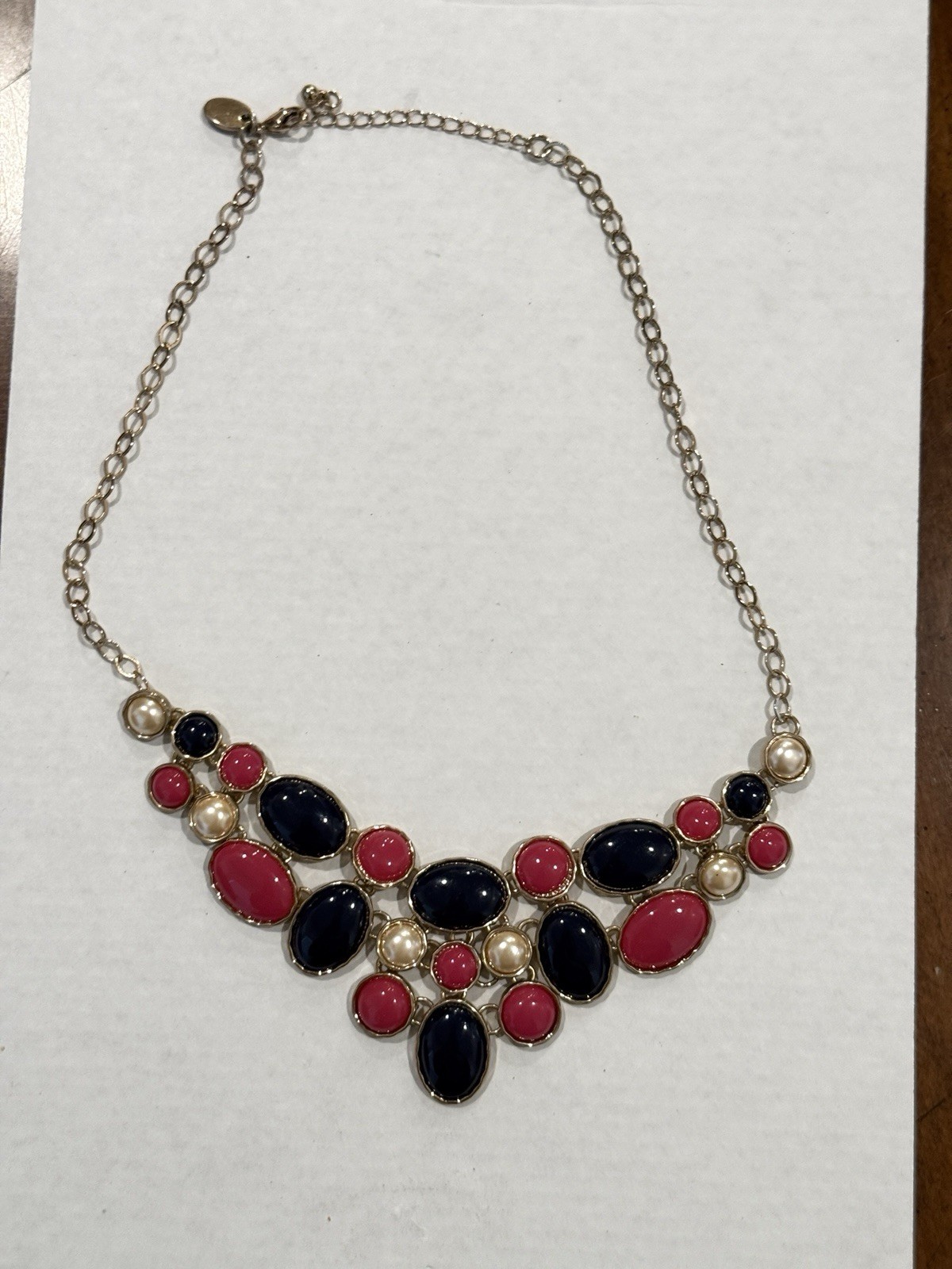 Gold Tone Statement Pendant Necklace Oval Black Bezel Cabochon Red Accents